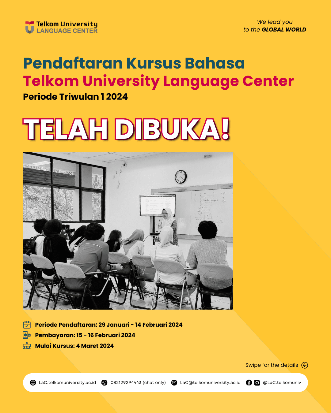 Pendaftaran Kursus Bahasa TW 1 2024 Telkom University Language Center Telah Dibuka