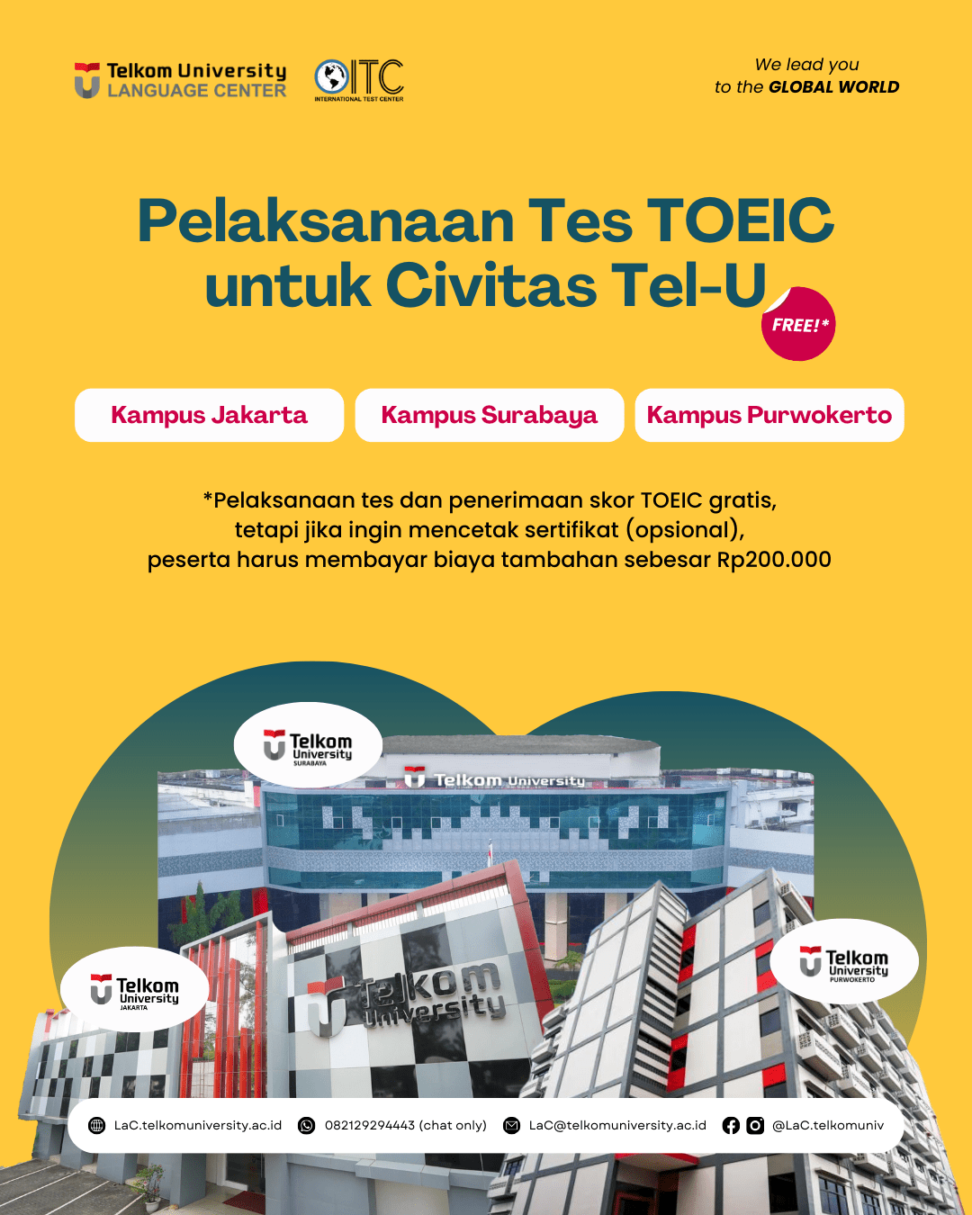 Tes TOEIC Gratis* untuk Civitas Tel-U Kampus Jakarta, Kampus Surabaya dan Kampus Purwokerto