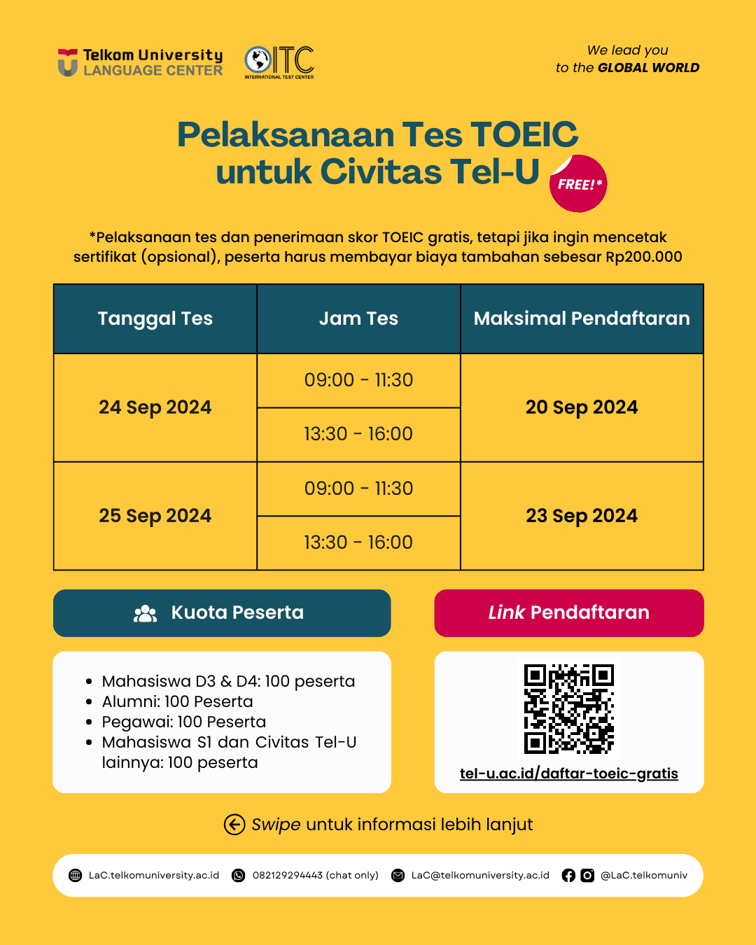 Tes TOEIC Gratis* untuk Civitas Tel-U Kampus Utama